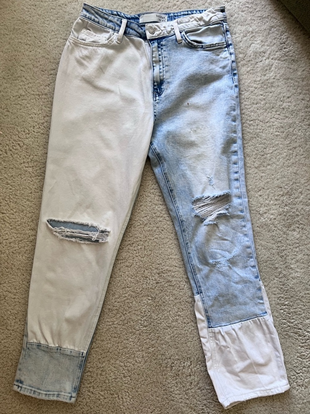 Bridge by Gly Two-Tone Blue & White Distressed High Waist Straight Jeans 29